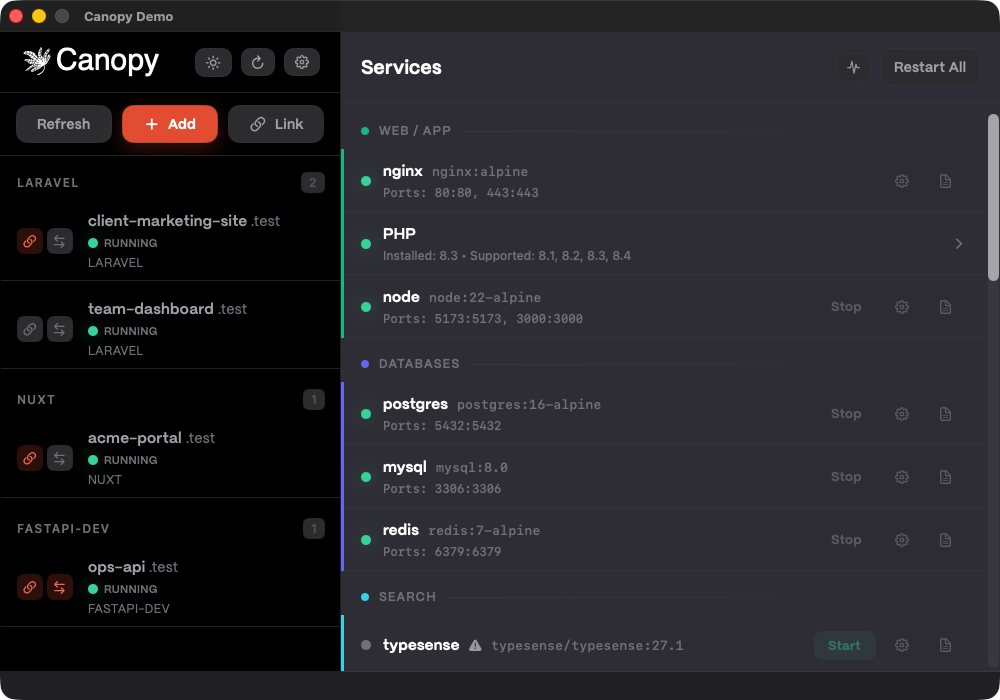Services overview with multiple services and status/actions
