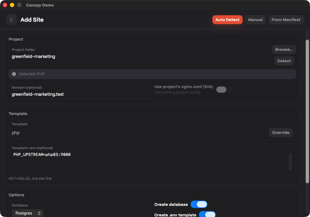 New Site dialog with project, template, and domain fields