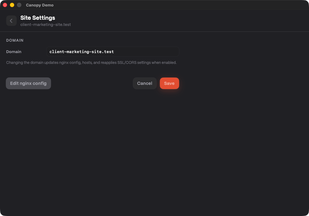 Site settings view focused on domain/runtime controls for SSL context