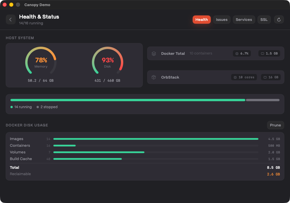 Health dashboard host/system overview with resource metrics