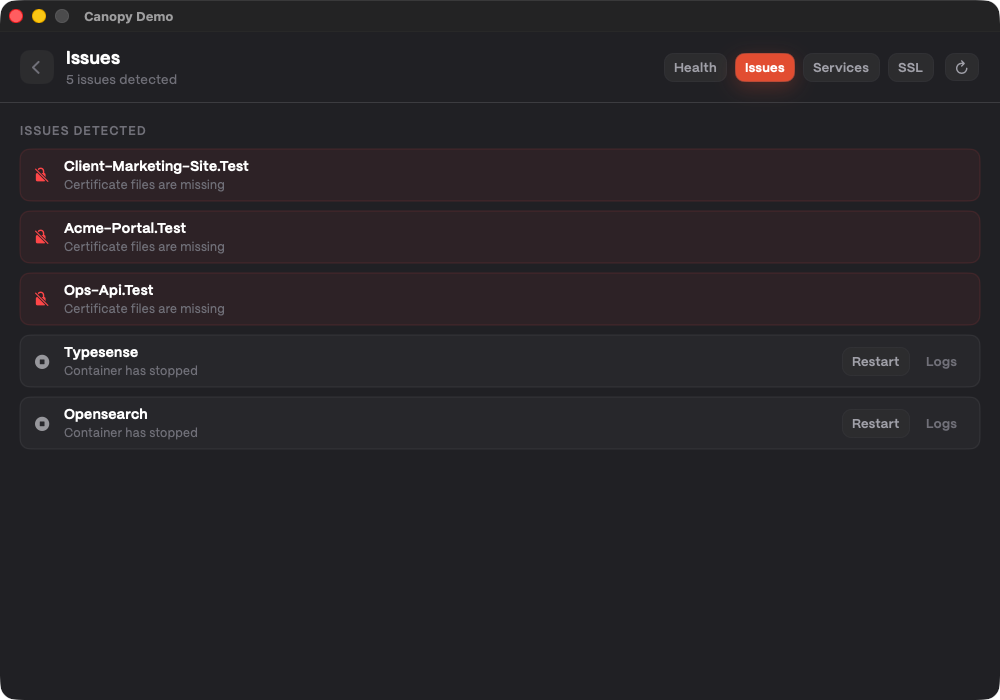 Health/issues style list used as activity-log placeholder with warnings