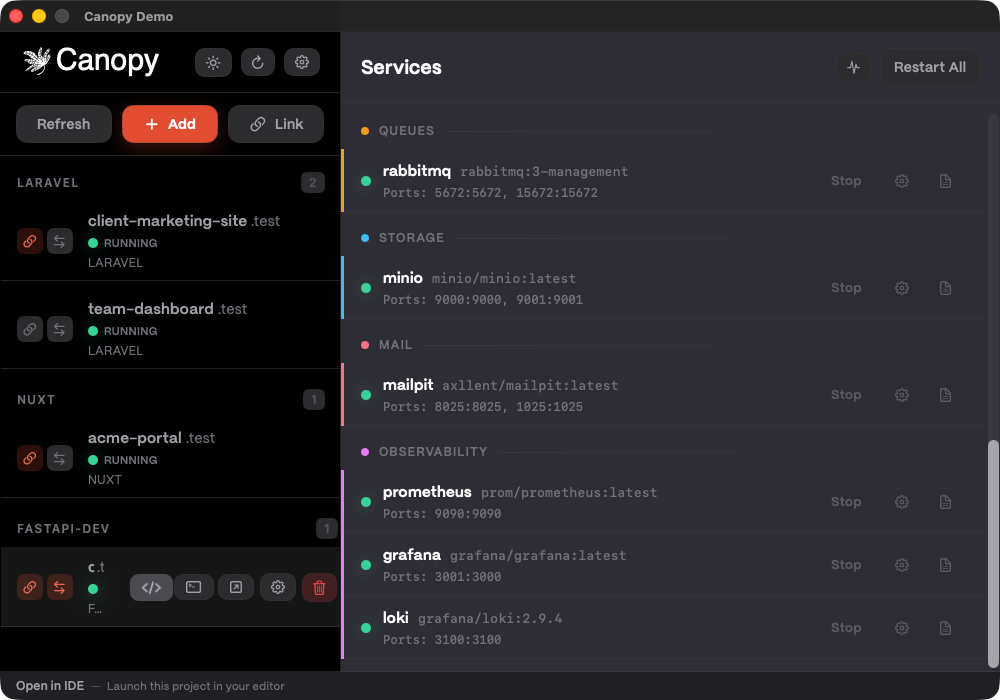Site menu action for opening the project in IDE