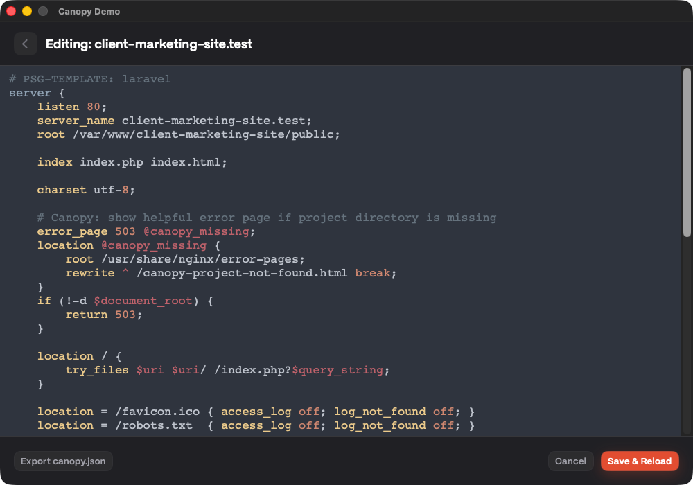 Site config editor view with Save and Reload workflow