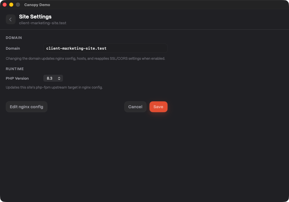 Site runtime/settings panel used for CORS-related controls