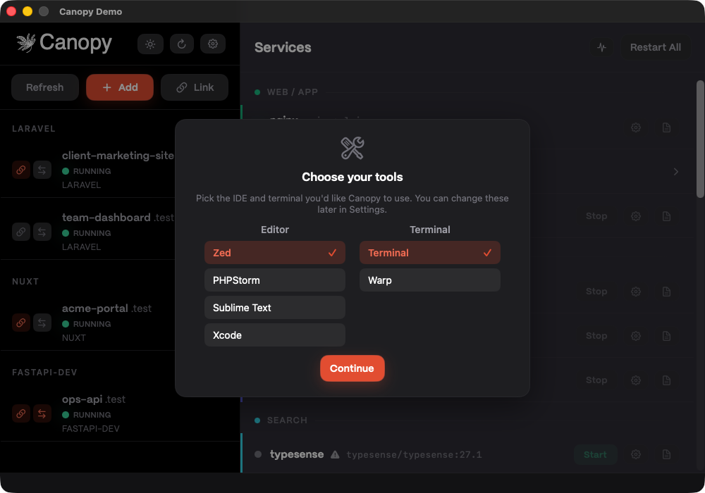 Tool selection/settings screen showing IDE and terminal choices
