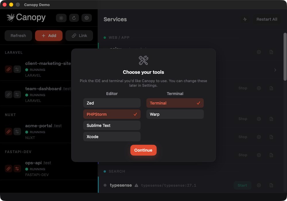 First-run setup screen for choosing IDE and terminal